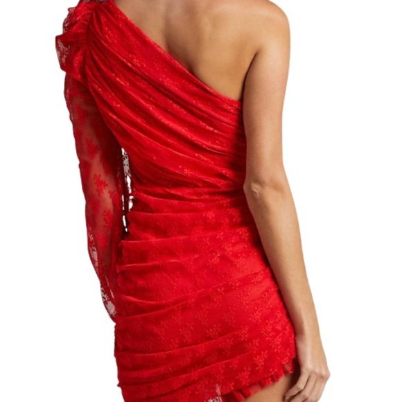 Whyte Valentine Red Lace One Shoulder Ruched Puff Sleeve Mini Dress - Picture 2 of 4